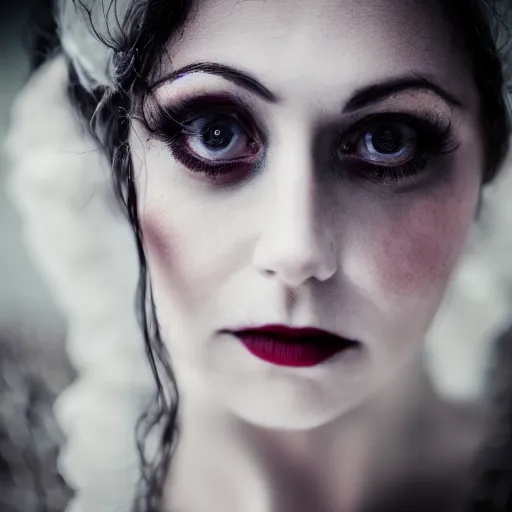 Image similar to A beautiful portrait of a lady vampire, victorian, '20, photography, 35mm, depth of field, bokeh, soft light, cinematic
