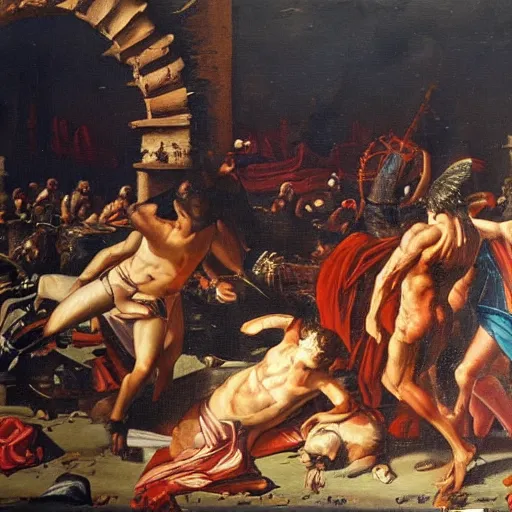 Prompt: the fall of rome, oil in canvas