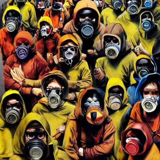 Image similar to detailed details photorealistic saints gang photo group, theyre using gas mask, other using saints mask, theyre wear yellow and red hoodie, theyre leader regularly uses red in the style of bob peak and alex ross, gouache and wash paints color, detailed details facial and body and human and environments and proportionate, detailed 5 k details.