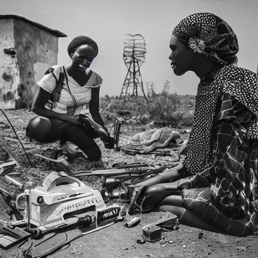 Prompt: photo of beautiful African woman inspecting laser gun, tools and junk on the ground,wires with lights, old village in the distance, vintage old photo, black and white, sepia