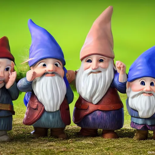 Prompt: numerous gnome gang, ultra realistic, natural lighting in a field, porcelain figures, different poses, funny faces, photo