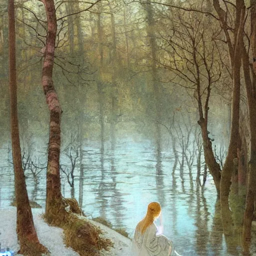 Prompt: a beautiful painting of the back view of a young lady in white dress sitting by the river in a grown forest, looking at her reflection on the water, sunlight reflected on the river, winter with snow, Mucha, Moebius, Mohrbacher