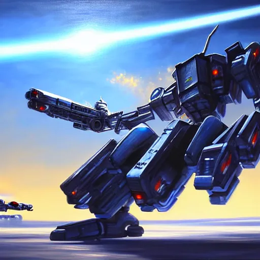 Prompt: Highly detailed oil painting, of a giant mech launching missiles and firing lasers at a moving blue sports car, concept art, highly detailed.