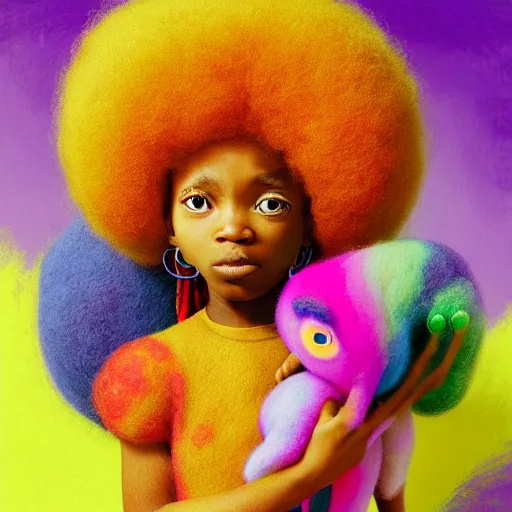 Image similar to an african girl with a colorful afro and big beautiful eyes playing with her pet rainbow tiger, bright colours, watercolor, volumetric wool felting, macro photography, children illustration, by goro fujita