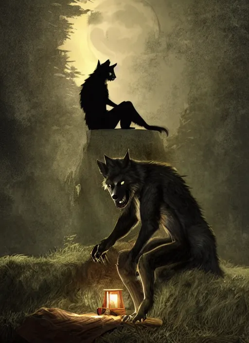 Prompt: a werewolf at night sitting next to a human child, fantasy art, matte painting, highly detailed