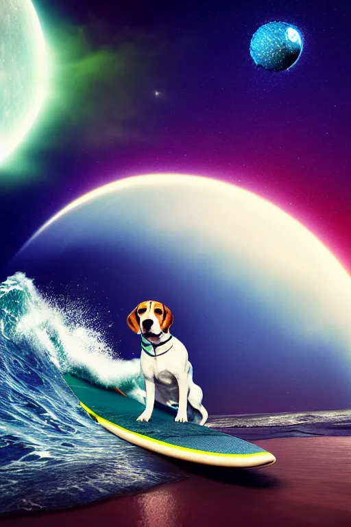 Image similar to beagle dog surfing a surfboard on a sparkly crashing wave of stardust in space, background is a moon in nebula, octane render, unreal engine, wide view, 8 k, highdetaild