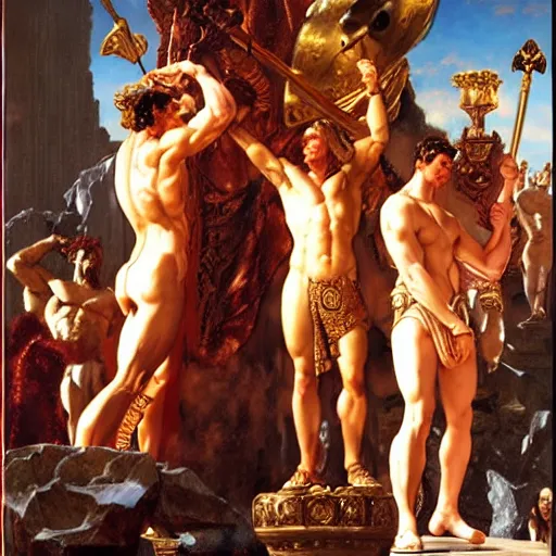 Prompt: ares and hercules dab in front of zeus the ruler of olympus, heavenly marble, ambrosia served on golden platters, painting by gaston bussiere, craig mullins, j. c. leyendecker, tom of finland