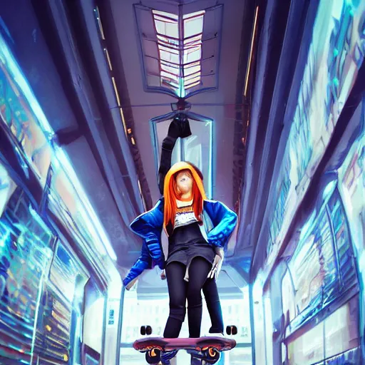 Image similar to symmetrical, full body portrait of a cyberpunk teenage girl on a futuristic skateboard holding a parcel under one arm and a magnetic harpoon in her opposite hand, grinning slyly, City lighting, depth of field, photography, saturated colors, highly detailed, by Stanley Artgerm Lau, WLOP, Rossdraws, James Jean, Andrei Riabovitchev, Marc Simonetti, and Sakimichan, 4k resolution