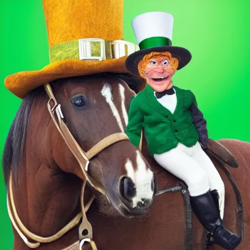 Prompt: a leprechaun on a horse drinking a guinness