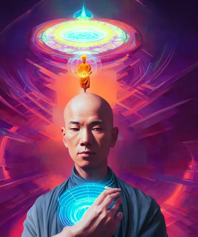 Image similar to a floating monk, meditating, wearing netrunner clothing, vaporwave aesthetic, colorful, psychedelic, digital painting, artstation, concept art, smooth, sharp focus, illustration, art by artgerm and greg rutkowski and alphonse mucha