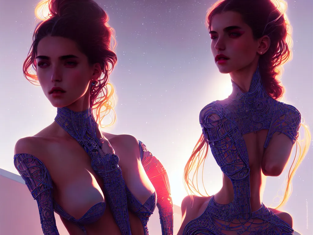 Prompt: portrait futuristic spain model girl, beautiful body, at future neon light rooftop, ssci - fi and fantasy, intricate and very very beautiful and elegant, highly detailed, digital painting, artstation, concept art, smooth and sharp focus, illustration, art by tan zi and ayanamikodon and alphonse mucha and wlop