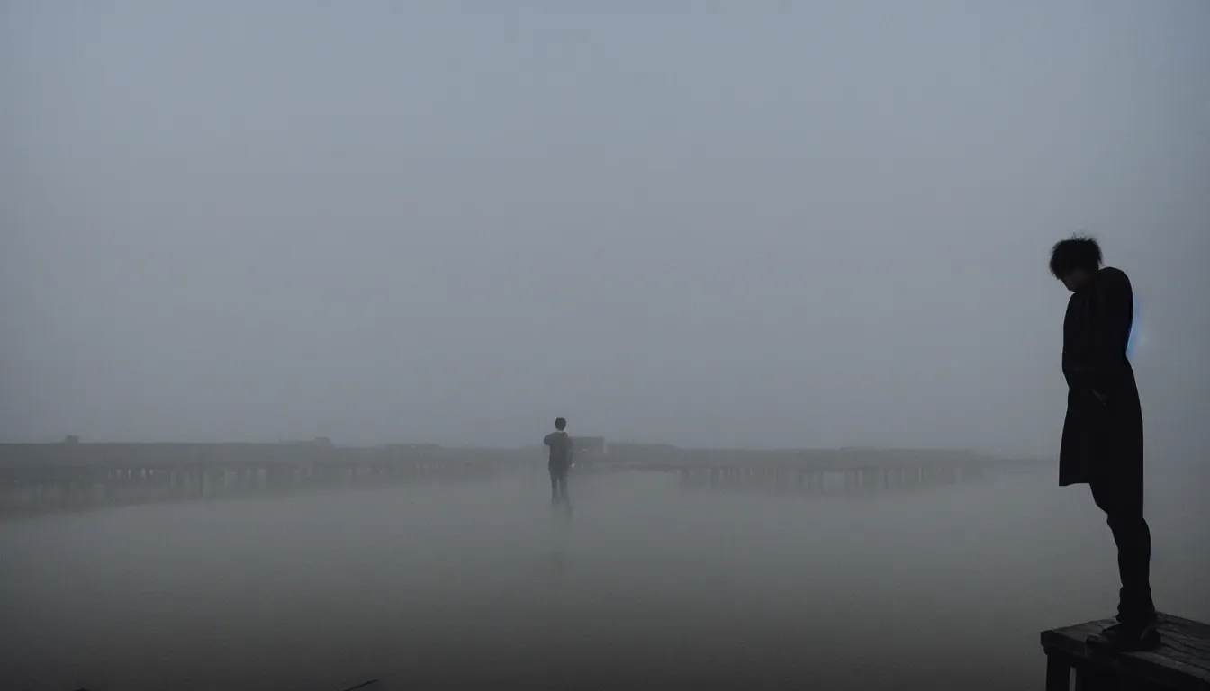 Prompt: 80s asian neon movie still with a lone man levitating over a pier by the river on early morning with city lights behind his back, Fog raising from river, Color film, Fallen angels movie still. hyperrealistic, photorealistic, high definition, medium format photography, highly detailed, tehnicolor, anamorphic 50mm lens