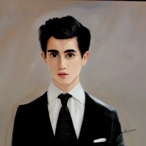 Image similar to 1 6 year old black suit white shirt, black bowtie, black haired royal garment man, determined, fearless, sharp looking portrait, oil painting