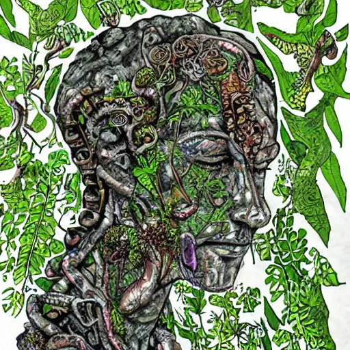 Prompt: cyborg The Thinker Sculpture covered in mushrooms & peyote & ayahuasca vines, sitting in a dense luscious forest, ink sketch, Naturalist