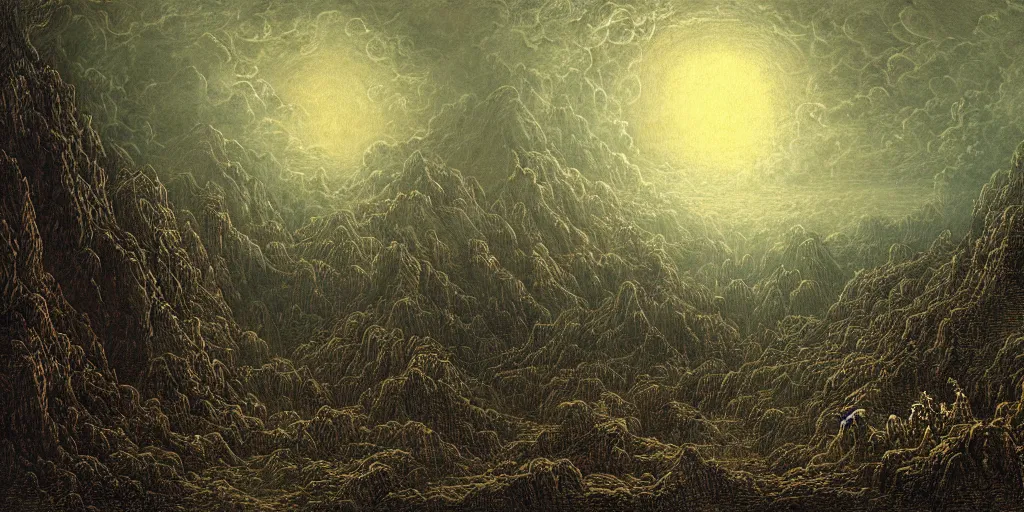 Prompt: a pixel landscape painting with many supernatural creatures, Sinister, horror, created by Gustave Dore, trending on Deviantart, high detail.