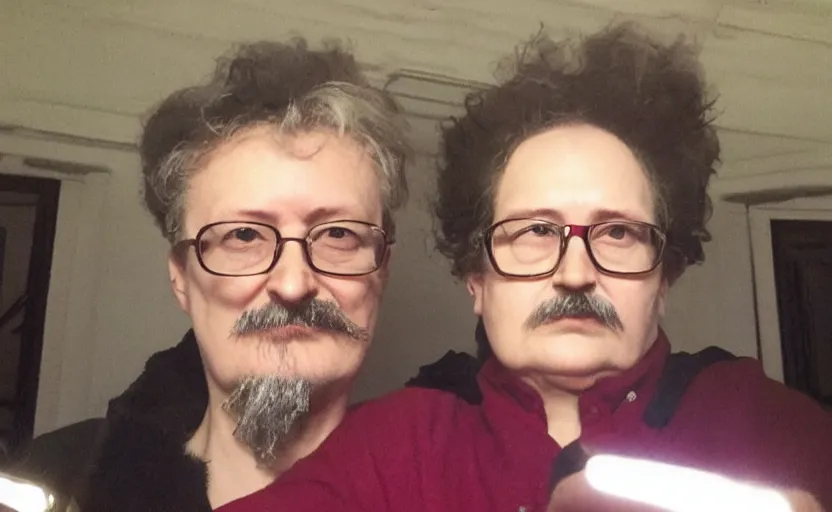 Image similar to my auntie that look like trotsky accidentally taking a selfie, front camera, camera flash is so bright in his face, viral, selfie, viral on twitter, viral on instagram, viral photo