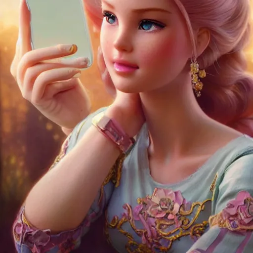 Prompt: a beautiful portrait of barbie looking at her cell phone ; ultra realistic, concept art, intricate details, stunning model, highly detailed, photorealistic, octane render, 8 k, unreal engine. art by artgerm and greg rutkowski and charlie bowater and magali villeneuve and alphonse mucha