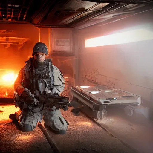 Prompt: soldier with toaster oven augmentation, dark messy smoke - filled cluttered workshop, dark, dramatic lighting, orange tint, sparks, cinematic, highly detailed, sci - fi, futuristic, movie still