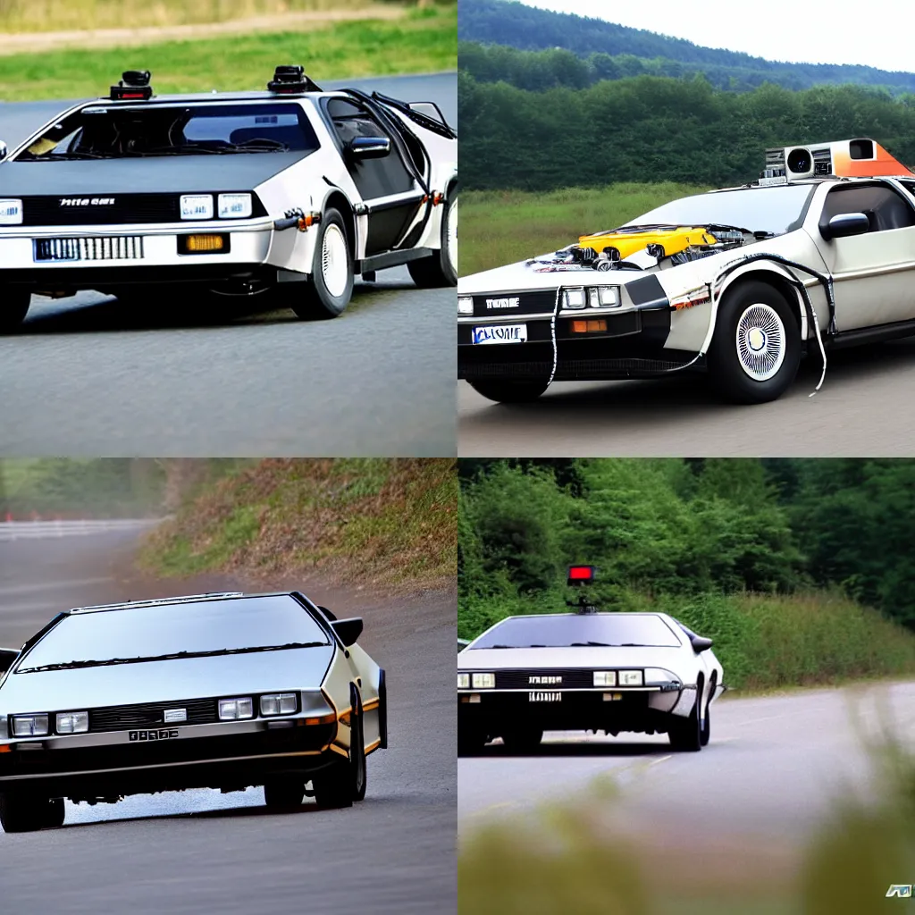 Prompt: time machine delorean back to the future driving on nurburgring track