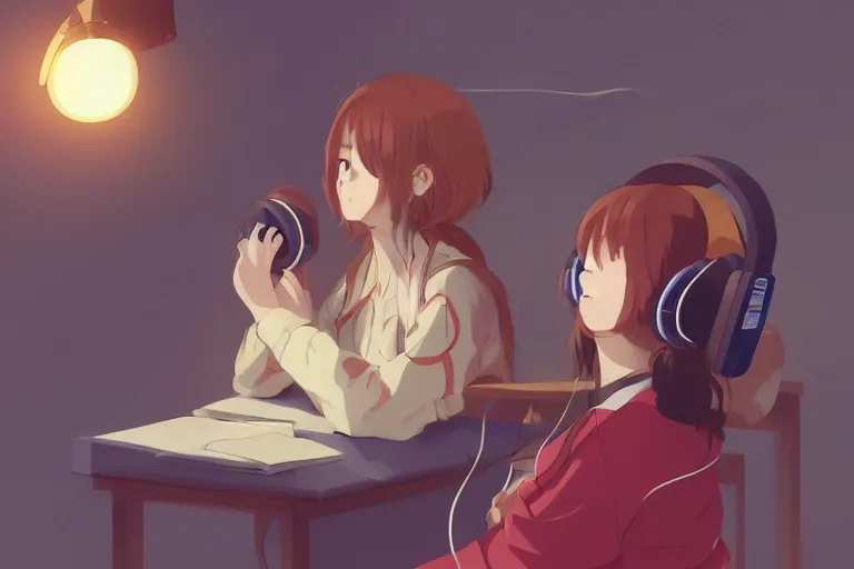 Image similar to lo - fi anime girl, wearing a blue cardigan and red aesthetic lo - fi headphones, studying in a brightly lit room, a lamp hovers above as it illuminates the room, illustrated by juan pablo machado, nighttime!!!!!!, cgsociety contest winner, artstation, golden ratio, dim lighting, studio ghibli!!!, 4 k