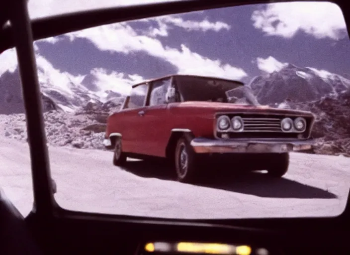 Image similar to a very high resolution image from a new movie, starlord. driving around. inside of a car. mountains, polaroid, directed by wes anderson