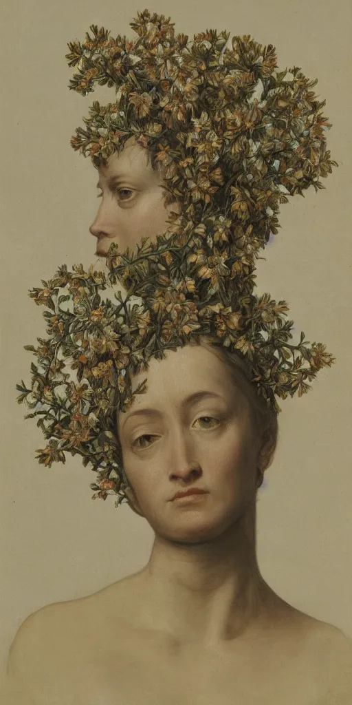 Image similar to the figure of a woman with many heads growing from the stem of a flowering plant, highly detailed, hyperrealism