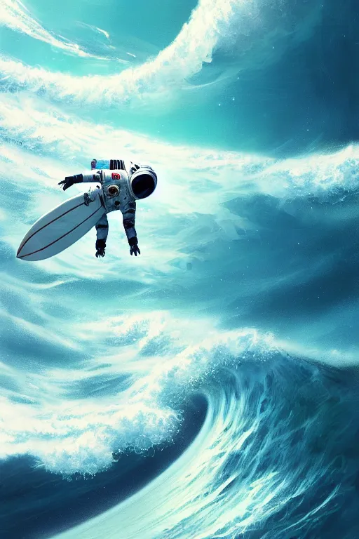 Image similar to a beautiful digital painting of an astronaut in a white space suit surfing the great wave on a surfboard by greg rutkowski, photorealistic, trending on artstation, highly detailed, intricate, unreal engine, octane render