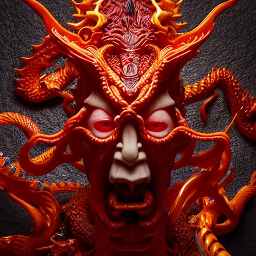 Image similar to a closeup portrait photo, alabaster and ruby real delicate ceramic porcelain sculpture of an ornate detailed humanoid dragon demon devil god in front of an intricate background by rafael, micro detail, backlit lighting, subsurface scattering, translucent, thin porcelain, fire, flames, amber, octane renderer, colorful, physically based rendering, trending on cgsociety