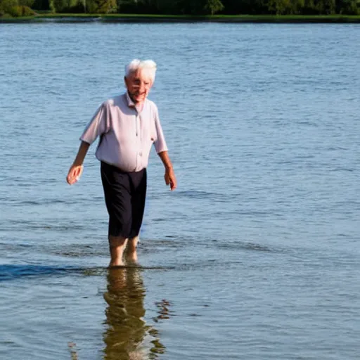 Image similar to a smiling old man walking on water