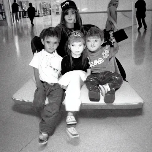 Image similar to due to a spelling error, kids are sitting on satan ’ s lap at the mall, 3 5 mm film camera, 1 9 9 0 s era