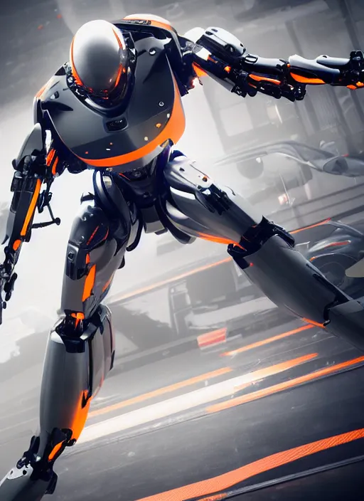 Image similar to a Photorealistic dramatic hyperrealistic full frame render of a Sleek futuristic exosuit Freedom Formula Racing Mech,Ultra realistic details,glossy white metal,Orange racing stripes,weathered surfaces,by Hidetaka Tenjin,Yoh Yoshinori,Yoji Shinkawa,Masamune Shirow,Beautiful dramatic dark moody tones and lighting,cinematic atmosphere,studio lighting,shadows,dark background, Octane render,8K