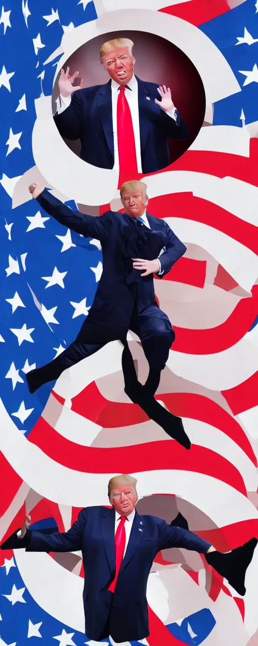 Image similar to graphic art of donald trump as a professional dancer in front of an american flag which covers the entire background