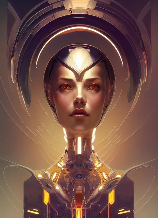 Image similar to symmetry, hi - tech robot in a spaceship intricate, elegant, highly detailed, digital painting, artstation, concept art, smooth, sharp focus, illustration, art by artgerm and greg rutkowski and alphonse mucha