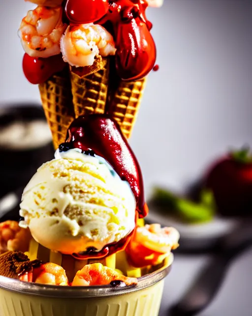 Prompt: dslr food photograph of an ice cream sundae with shrimps on. 8 5 mm f 1. 4