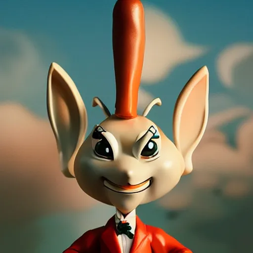 Image similar to salvador dali cosplay bugs bunny, nendroid, art by wgreg rutkowski. during golden hour. extremely detailed.