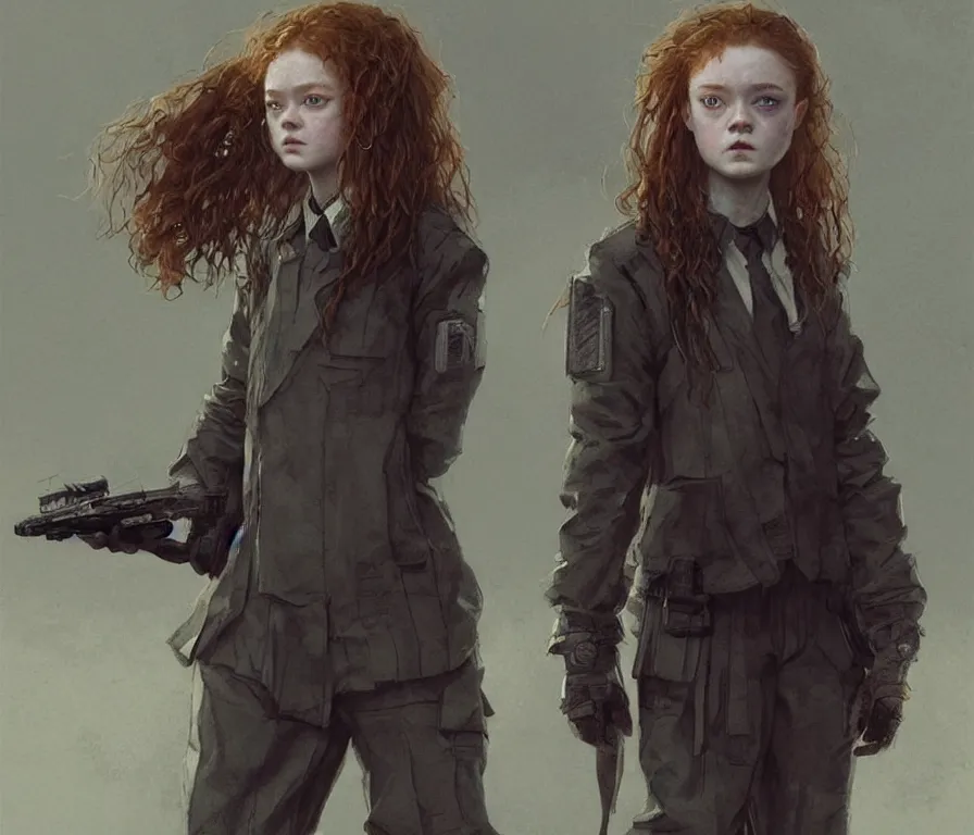 Prompt: sadie sink dressed in oversized school uniform : costume concept for a scifi cyberpunk film. by greg rutkowski, gustave courbet, greg staples, rosa bonheur. sharp focus, cinematic atmosphere, detailed and intricate, perfect anatomy