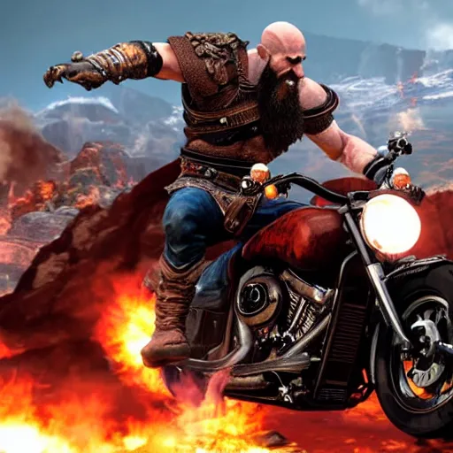 Image similar to kratos jumping a black harley - davidson motorcycle off a cliff, cinematic render, playstation studios official media, god of war 2 0 1 8, flames, centered