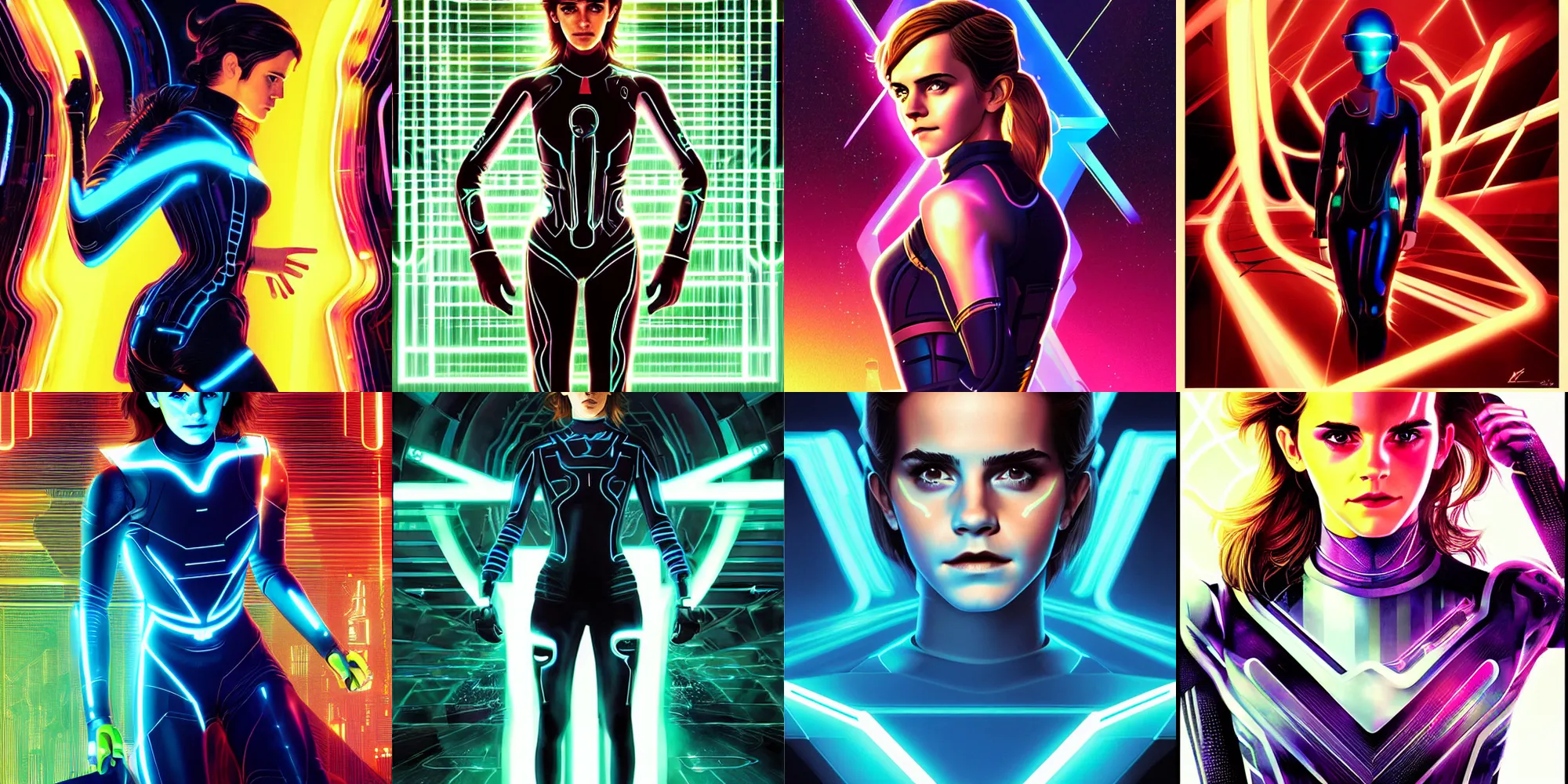 Prompt: portrait of emma watson in a tron legacy costume, symmetrical, cinematic colors, by masamune shirow, dan mumford, karol bak