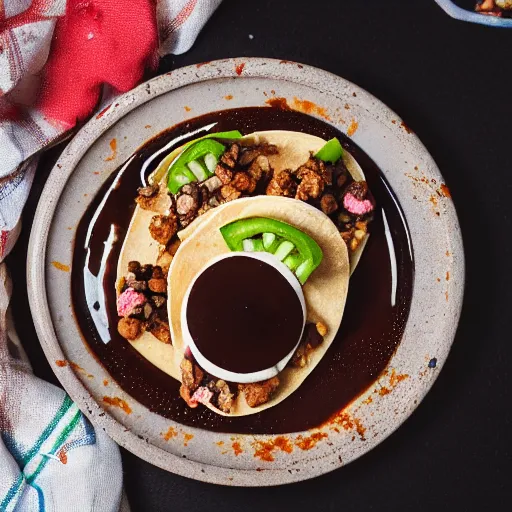 Image similar to dslr food photograph of taco with poop in it, chocolate sauce, 8 5 mm f 1. 4