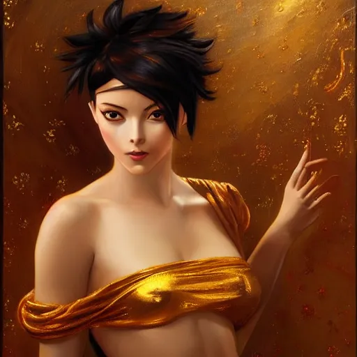 Prompt: beautiful golden portrait of Tracer (Overwatch) Grand Odalisque intricate oil painting by Jo hn William Godward and Anna Dittman by J-H 768-C2.0