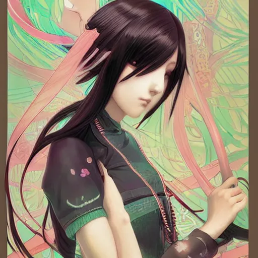 Image similar to emo japanesque electric girl gumi, anime style, hyper detailed, illustration, digital painting, art by artgerm and greg rutkowski and alphonse mucha, high delicate defined details, anime stylized, highly detailed, realistic, sharp focus, styled by rhads