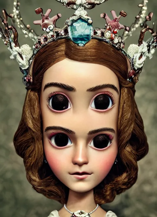 Image similar to closeup face profile portrait of tin toy emma watson as a fairytale princess wearing a crown eating cakes, bikini, depth of field, zeiss lens, detailed, symmetrical, centered, fashion photoshoot, by nicoletta ceccoli, mark ryden, lostfish, breathtaking, 8 k resolution, extremely detailed, beautiful, establishing shot, artistic, hyperrealistic, octane render