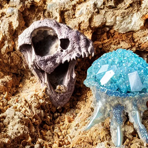 Image similar to photorealistic small dinosaur skeleton inside a geode of colored crystals