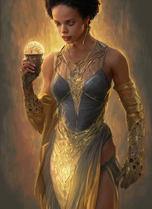 Image similar to full figure ultra realistic illustration, madeleine mantock from charmed second tv show, as marvel enchantress, intricate, elegant, highly detailed, digital painting, artstation, concept art, smooth, sharp focus, illustration, art by artgerm and greg rutkowski and alphonse mucha