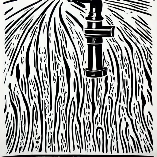 Image similar to black and white linocut of a leaky bathroom faucet dripping water