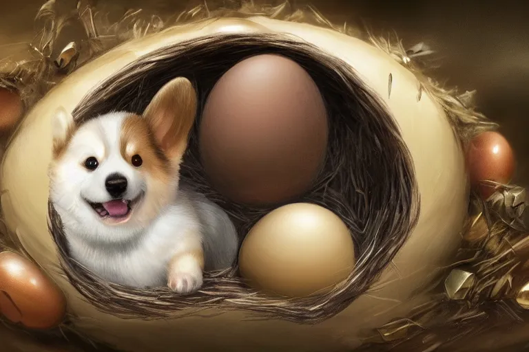 Image similar to a baby corgi crawling out of an egg in a nest, fantasy art, concept art, digital art, trending on artstation, 4 k, extremely detailed, realistic,