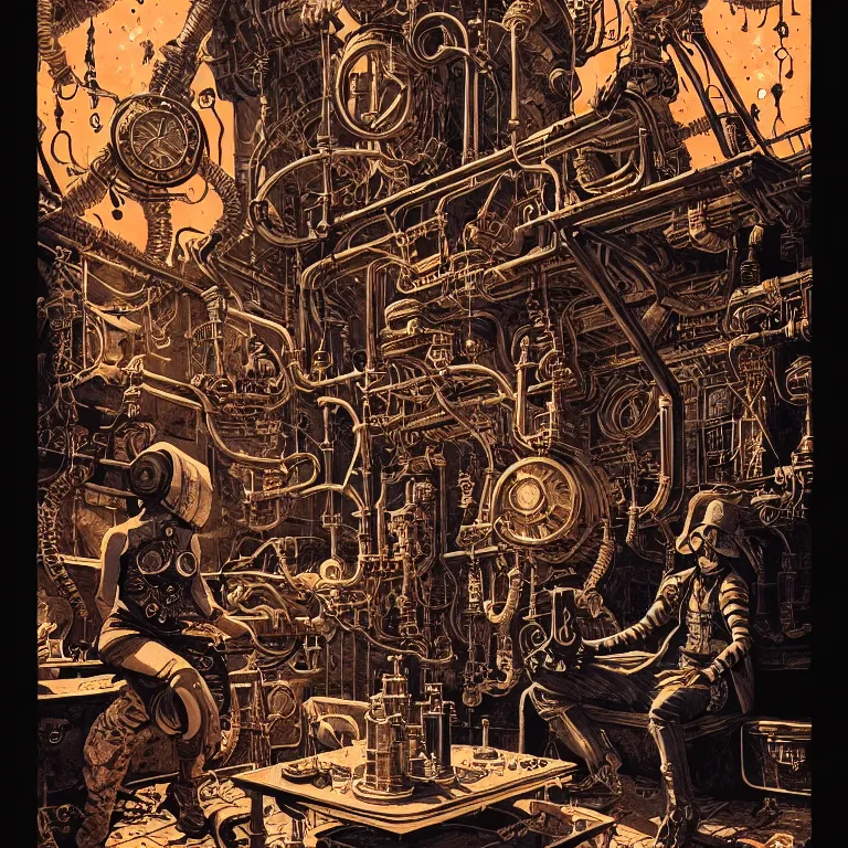 Image similar to ancient alchemist steampunk wizards laboratory, high details, intricately detailed, by vincent di fate, inking, 3 color screen print, masterpiece, trending on artstation,, sharp, details, hyper - detailed, hd, 4 k, 8 k