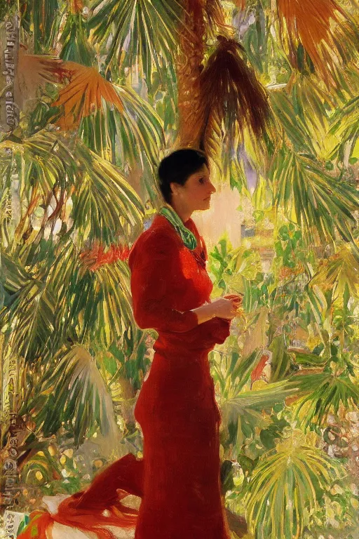 Image similar to a girl with arabesque red and green and golden detailed scarf on persian carpet, mexican palms in back, painting by john singer sargent