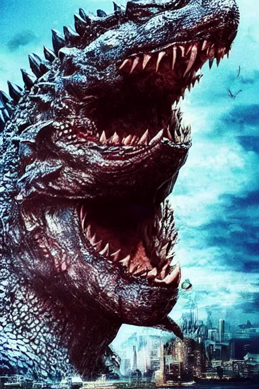 Image similar to Godzilla, kaiju, sea creature, crocodile, sharp teeth, scary look, angry