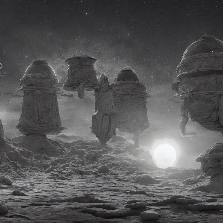 Prompt: old vintage photo of surreal alien extraterrestrial temple on exoplanet with three suns beautiful detailed intricate insanely detailed BW 3D render digital art, octane render, 8K artistic photography, photorealistic